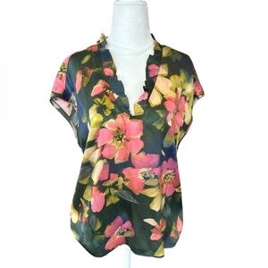 GO BY GO SILK Tahitian Floral Print Ruffle Silk Blouse